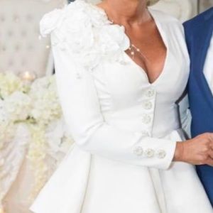 Designer mother of the bride outfit and headpiece